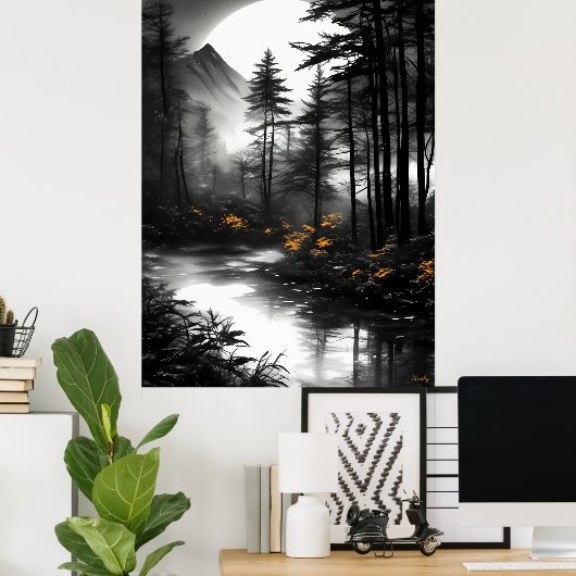 Moonlit Forest Reflection – Monochrome sereniteit Poster (Thuiskantoor)