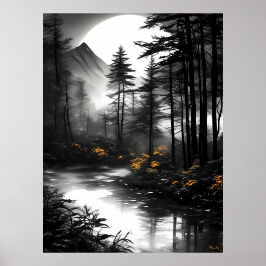 Moonlit Forest Reflection – Monochrome sereniteit Poster (Voorkant)