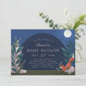 Moonlit Forest Woodland Fox Baby shower Invitation Kaart (Staand voorkant)