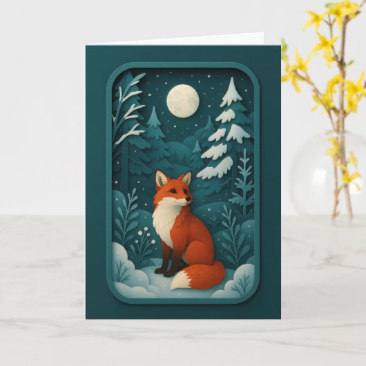 Moonlit Fox in Snowy Forest Card Kaart (Gele Bloem)