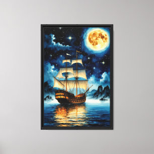 Moonlit Galleon onder Sterrennacht Sky Canvas Afdruk