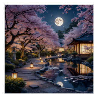Moonlit Garden: Cherry Blossom Dreams Perfect Poster