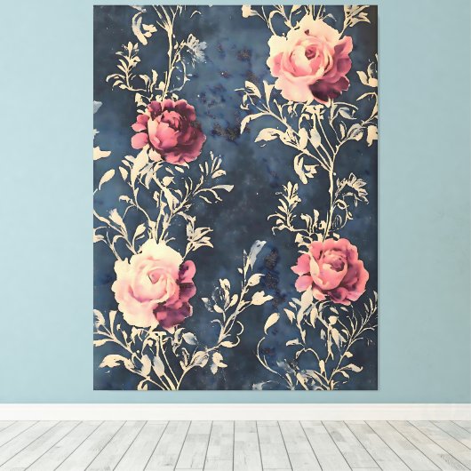 Moonlit Garden - Rozen op Midnight Blue Canvas Afdruk (Insitu (Houten vloer))