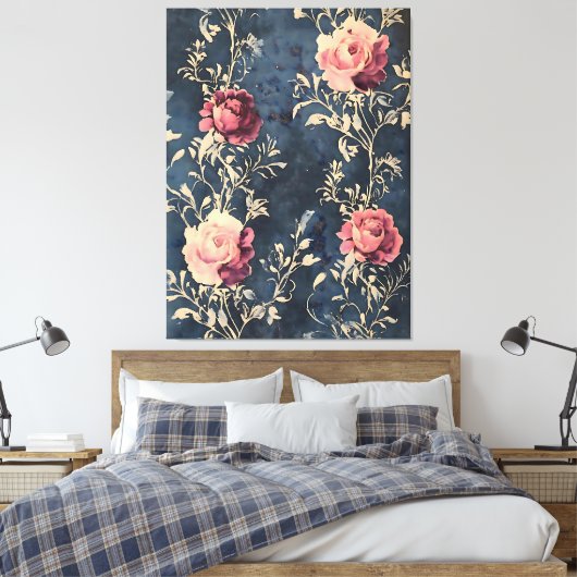 Moonlit Garden - Rozen op Midnight Blue Canvas Afdruk (Insitu (Slaapkamer))
