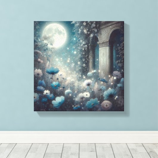 Moonlit Garden with Celestial Flowers and Stars Canvas Afdruk (Insitu (Houten vloer))