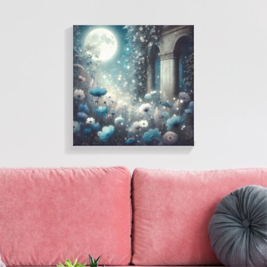 Moonlit Garden with Celestial Flowers and Stars Canvas Afdruk (Insitu (Woonkamer))