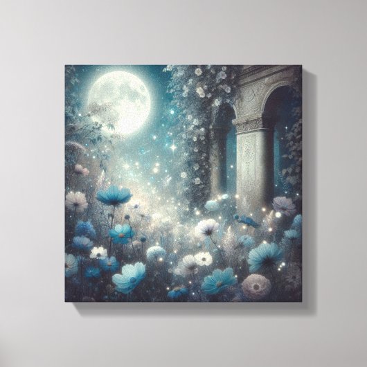 Moonlit Garden with Celestial Flowers and Stars Canvas Afdruk (Voorkant)