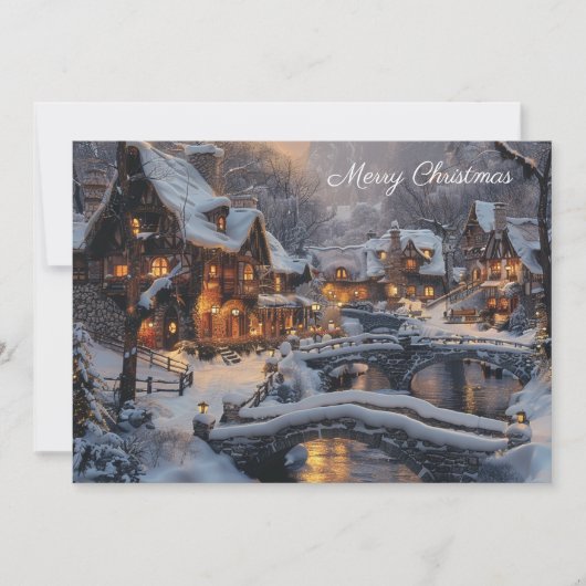 Moonlit Gezellig Sneeuw Overdekt Kerstdorp Feestdagenkaart (Voorkant)