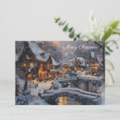 Moonlit Gezellig Sneeuw Overdekt Kerstdorp Feestdagenkaart (Staand voorkant)