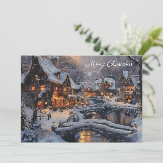 Moonlit Gezellig Sneeuw Overdekt Kerstdorp Feestdagenkaart (Staand voorkant)