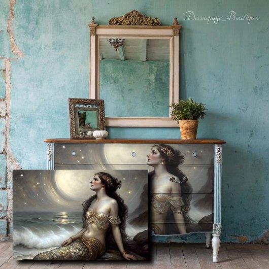 Moonlit Gold Mermaid Fantasy Decoupage Tissuepapier
