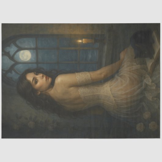 Moonlit Gothic Lady met Zwarte Kat – Heks Tissuepapier (Voorkant)