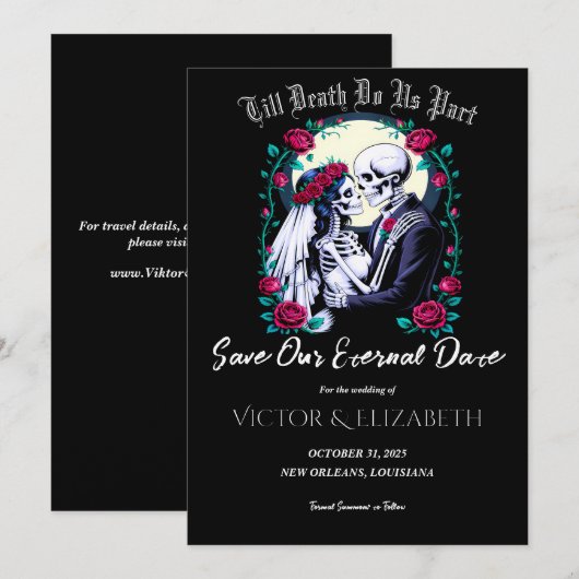 Moonlit Gothic Skeleton & Roos Wedding Save The Date (Voorkant / Achterkant)
