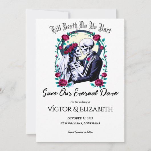 Moonlit Gothic Skeleton & Roos Wedding Save The Date (Voorkant)