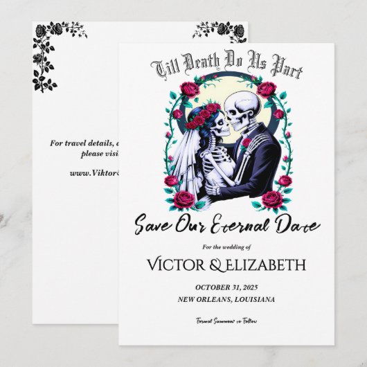 Moonlit Gothic Skeleton & Roos Wedding Save The Date (Voorkant / Achterkant)