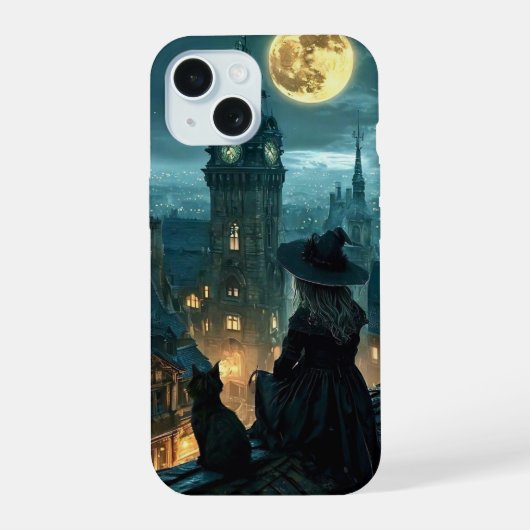 Moonlit Gothic Witch & Black Cat Rooftop iPhone C 15 Case (Achterkant)