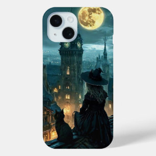 ​Moonlit Gothic Witch & Black Cat Rooftop iPhone C 15 Case
