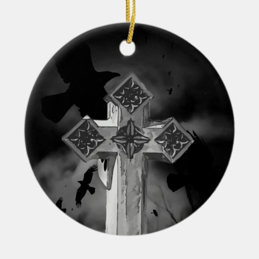 Moonlit GraveYard Gothic Cross met Krogen Keramisch Ornament (Voorkant)