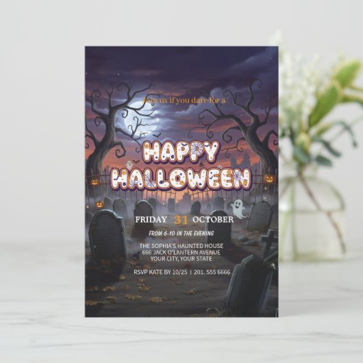 Moonlit Graveyard Halloween Invitation Kaart (Staand voorkant)