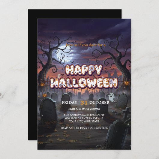 Moonlit Graveyard Halloween Invitation Kaart (Voorkant / Achterkant)