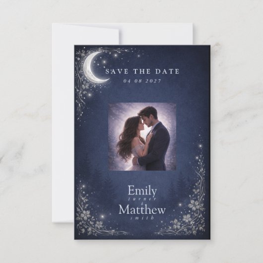 Moonlit Grove Celestial Woodland Wedding  Save The Date (Voorkant)