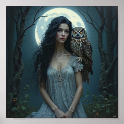 Moonlit Guardian – Fantasy Woman & Owl Art Poster (Voorkant)
