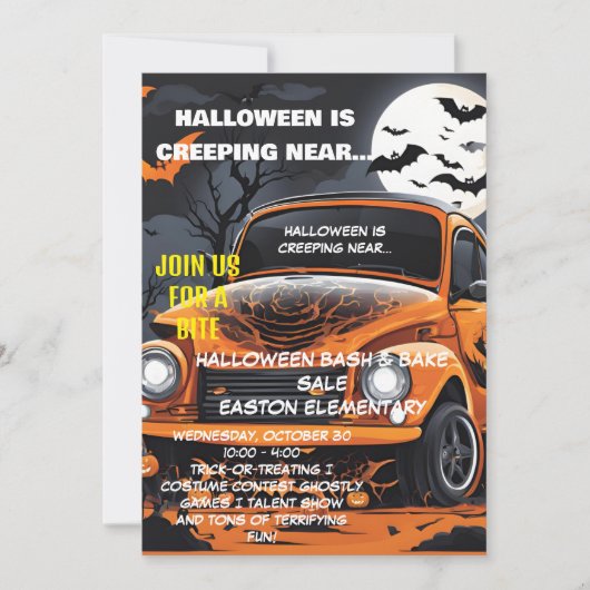 Moonlit Halloween Bash Uitnodiging met Oranje Auto (Voorkant)