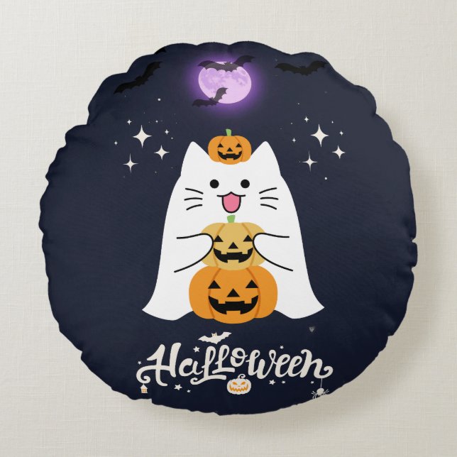 Moonlit Halloween Cat – Spooky & Sweet Night Rond Kussen (Voorkant)