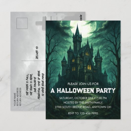Moonlit Haunted Castle Halloween Party Invitation Briefkaart (Voorkant / Achterkant)