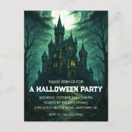 Moonlit Haunted Castle Halloween Party Invitation Briefkaart