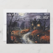 Moonlit Haunted House Happy Halloween Feestdagenkaart (Voorkant)