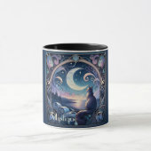 Moonlit Kat Fantasy Blauw Art Nouveau Mok (Midden)
