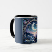 Moonlit Kat Fantasy Blauw Art Nouveau Mok (Voorkant links)