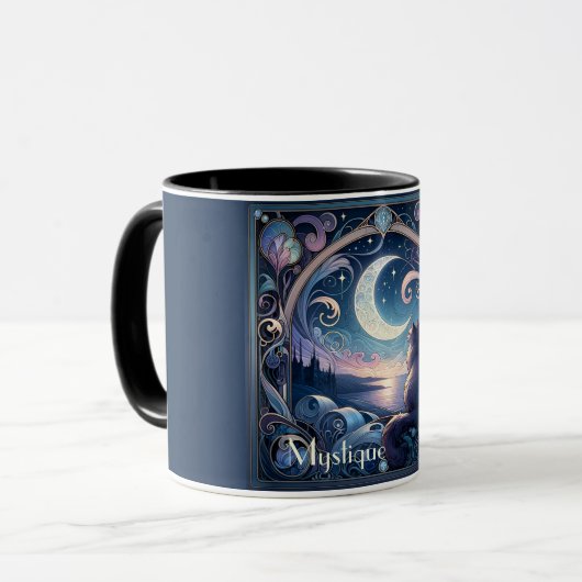 Moonlit Kat Fantasy Blauw Art Nouveau Mok (Voorkant links)
