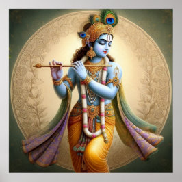 Moonlit Krishna Art: Fluit Godheid, Spirituele Ind Poster