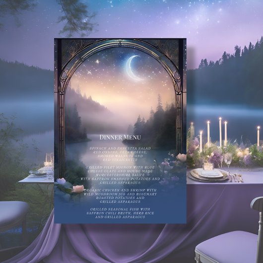 Moonlit Lake Forest Fantasy Elegant Bruiloft Menu Kaart