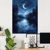 Moonlit Lake Reflectie in zwart-wit blauw Poster (Thuiskantoor)
