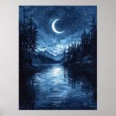 Moonlit Lake Reflectie in zwart-wit blauw Poster (Voorkant)