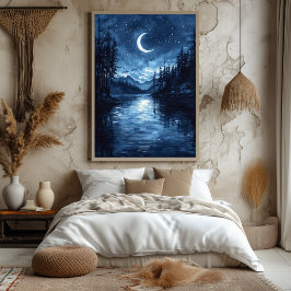 Moonlit Lake Reflectie in zwart-wit blauw Poster