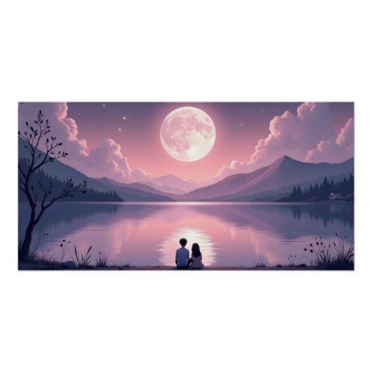 Moonlit Lake Romantic Night Valentine’s Day  Perfect Poster (Voorkant)
