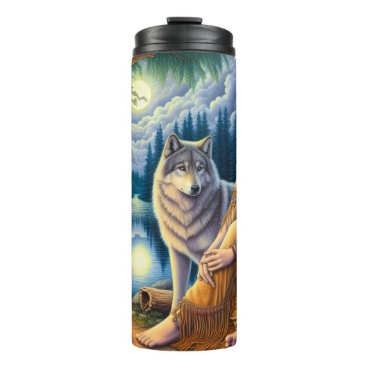 Moonlit Lakeside Vigil, Wolf Companion. Thermosbeker (Voorkant)