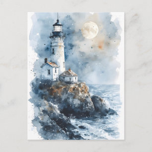 Moonlit Lighthouse aan de Rocky Coastline Briefkaart