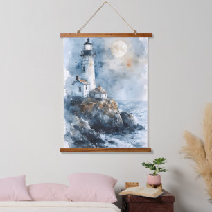 Moonlit Lighthouse aan de Rocky Coastline Hangend Wandkleed