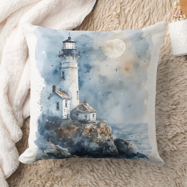 Moonlit Lighthouse aan de Rocky Coastline Kussen (Deken)