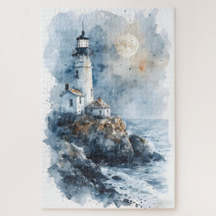 Moonlit Lighthouse aan de Rocky Coastline Legpuzzel