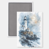 Moonlit Lighthouse aan de Rocky Coastline Magneet (Voorkant / Achterkant)