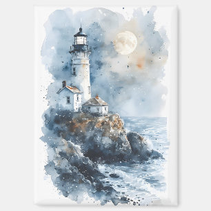 Moonlit Lighthouse aan de Rocky Coastline Magneet