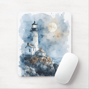 Moonlit Lighthouse aan de Rocky Coastline Muismat