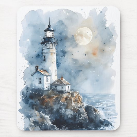 Moonlit Lighthouse aan de Rocky Coastline Muismat (Voorkant)