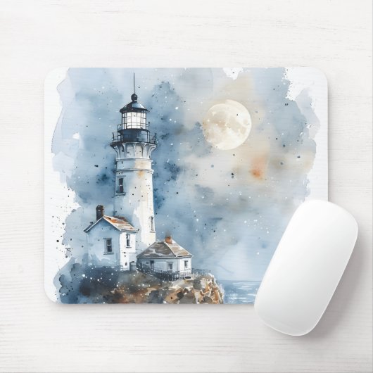 Moonlit Lighthouse aan de Rocky Coastline Muismat (Met muis)